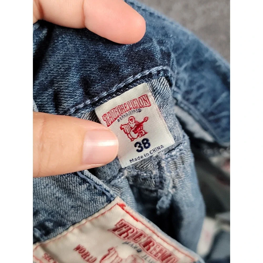 True Religion Moto Slim Big T Jeans Mens 38x32 Blue Biker Distressed Y2K Stretch